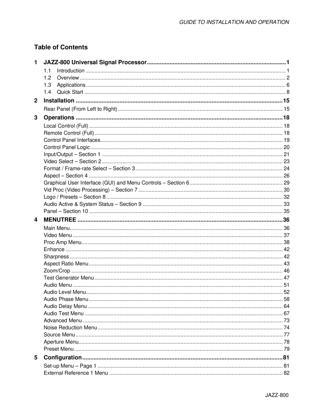 Miranda Camera Co JAZZ-800 manual Table of Contents 