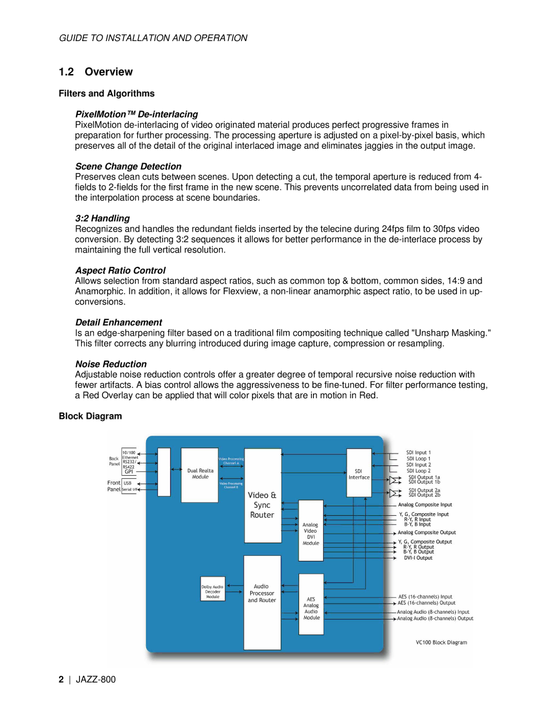 Miranda Camera Co JAZZ-800 manual Overview, Filters and Algorithms, Block Diagram 