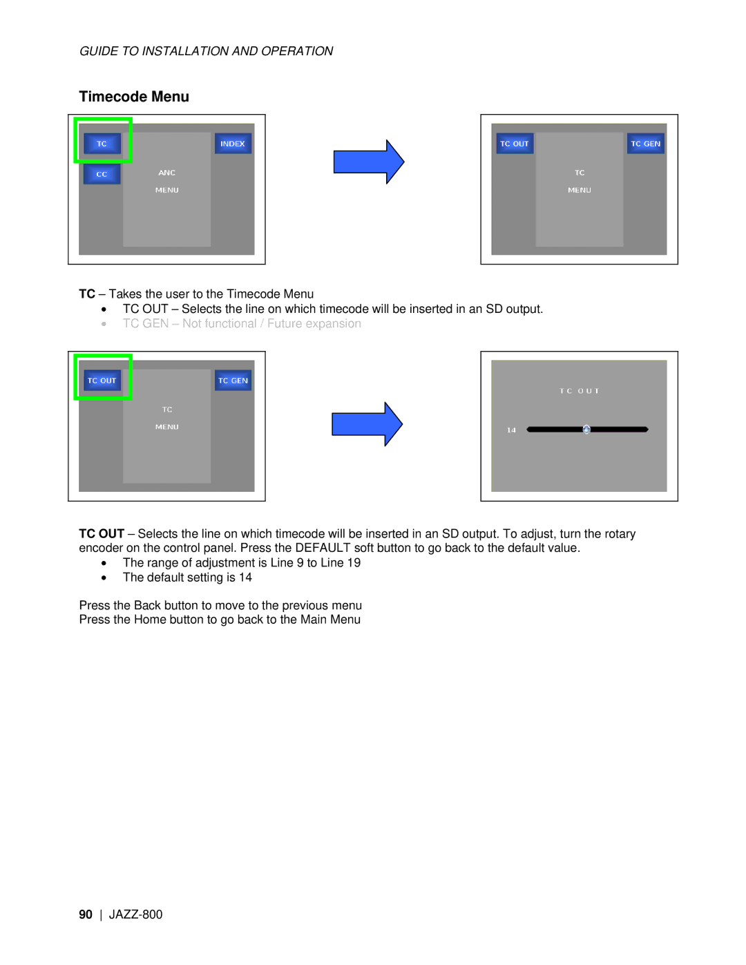 Miranda Camera Co JAZZ-800 manual Timecode Menu, TC GEN Not functional / Future expansion 