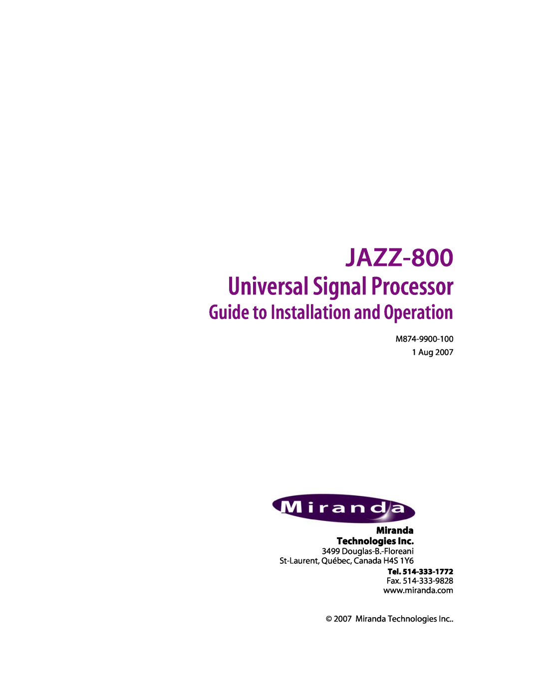 Miranda Camera Co JAZZ-800 manual Universal Signal Processor, Guide to Installation and Operation, Tel 