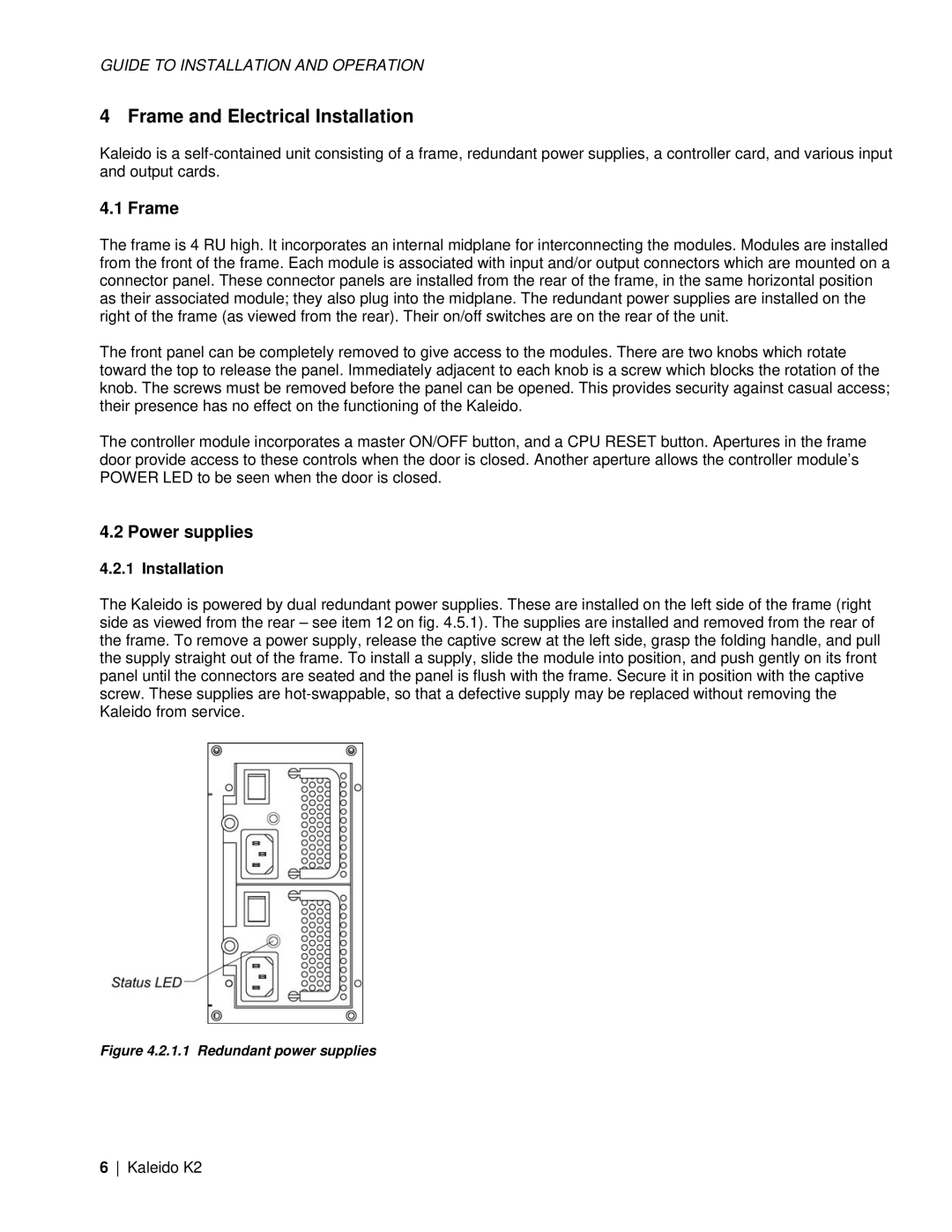 Miranda Camera Co M406-9900-402, KALEIDO-K2 specifications Frame and Electrical Installation, Power supplies 