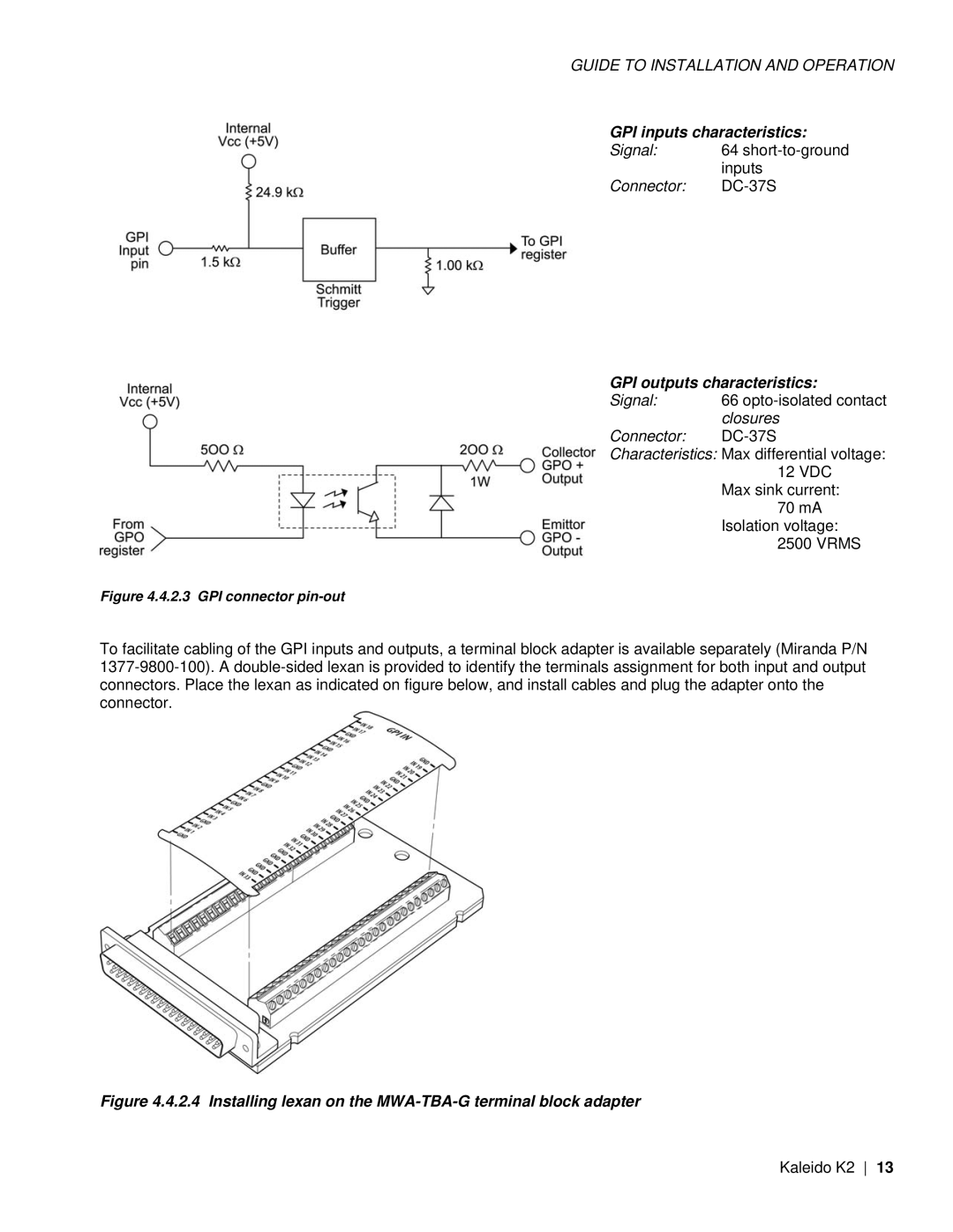 Miranda Camera Co KALEIDO-K2, M406-9900-402 specifications Installing lexan on the MWA-TBA-G terminal block adapter 