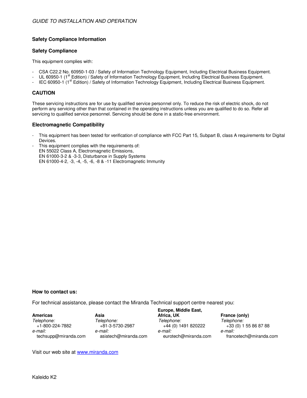 Miranda Camera Co M406-9900-402 Safety Compliance Information, Electromagnetic Compatibility, How to contact us 