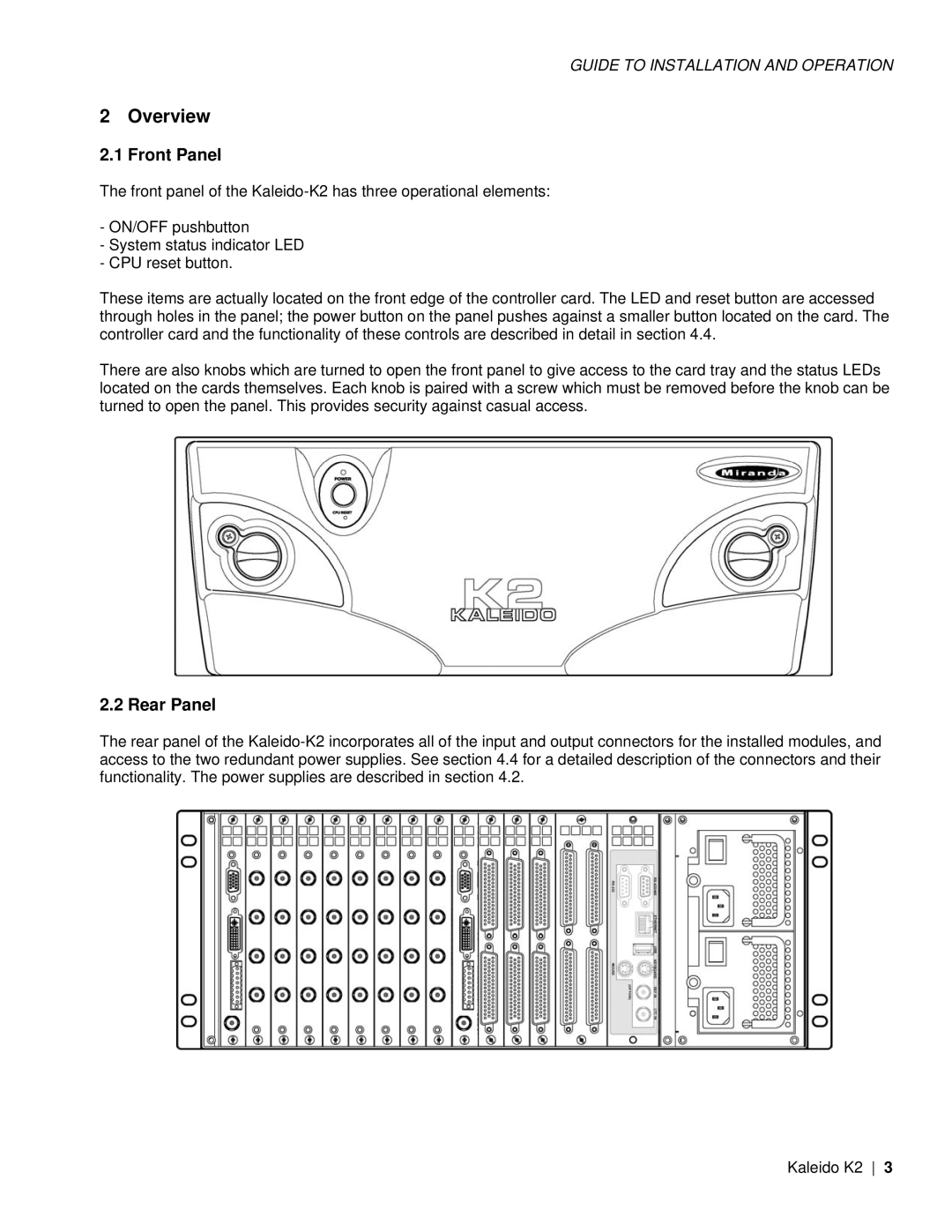 Miranda Camera Co KALEIDO-K2, M406-9900-402 specifications Overview, Front Panel, Rear Panel 