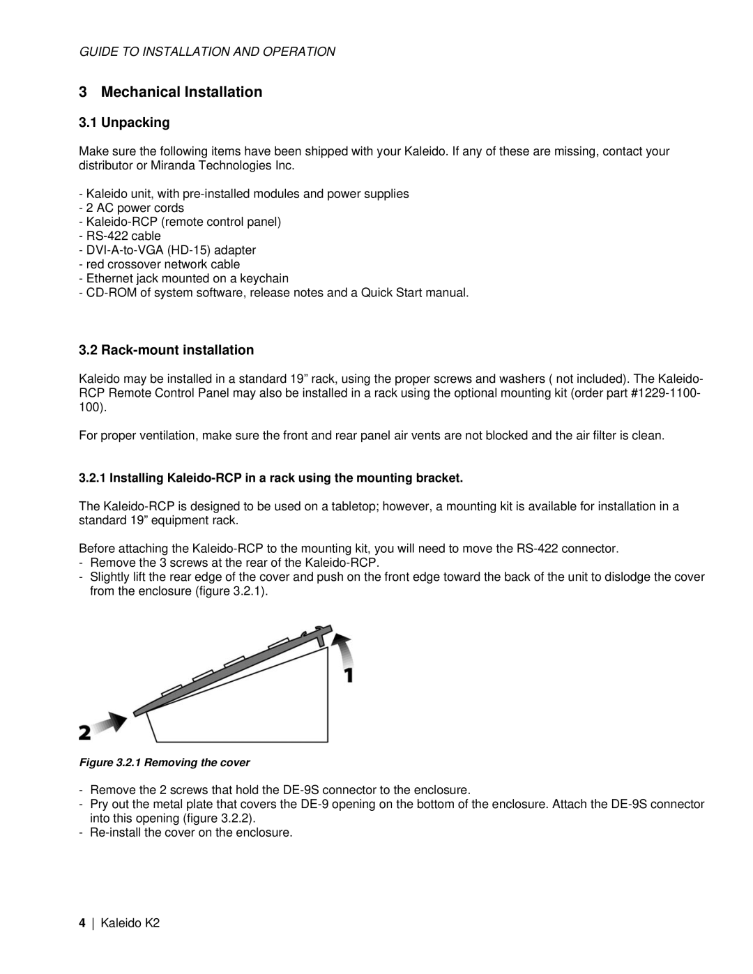 Miranda Camera Co M406-9900-402, KALEIDO-K2 specifications Mechanical Installation, Unpacking, Rack-mount installation 