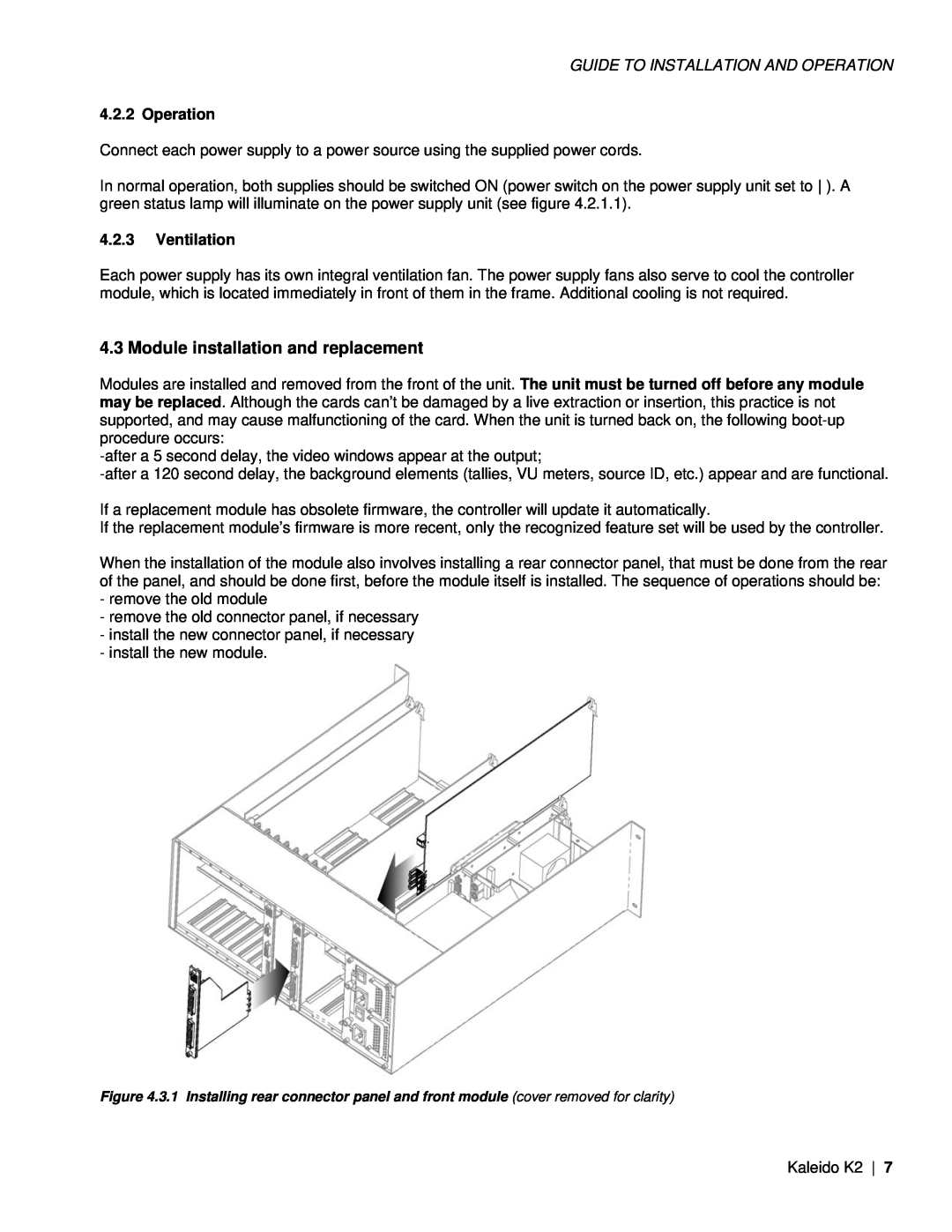 Miranda Camera Co KALEIDO-K2, M406-9900-402 specifications Module installation and replacement, Operation, Ventilation 