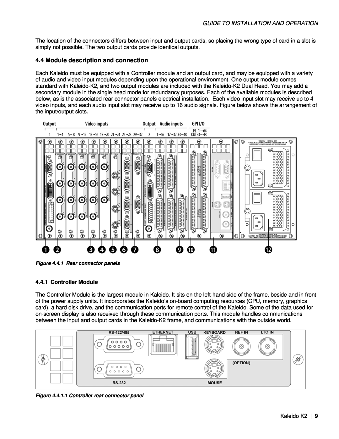 Miranda Camera Co KALEIDO-K2, M406-9900-402 specifications Module description and connection, Controller Module 