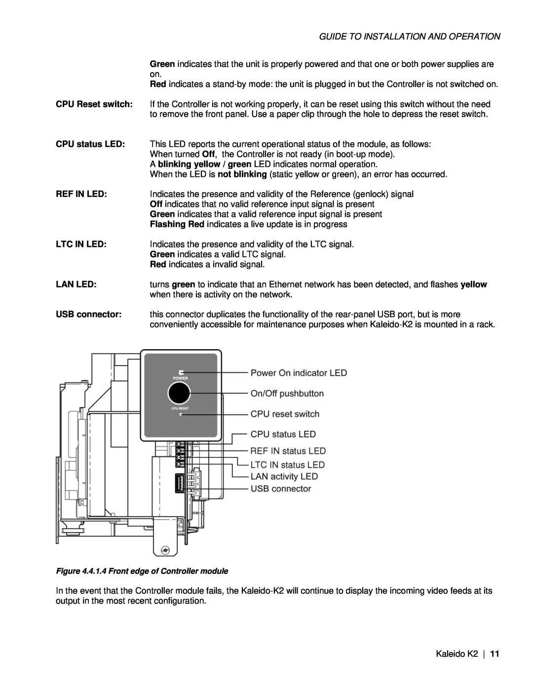 Miranda Camera Co KALEIDO-K2, M406-9900-402 Guide To Installation And Operation, 4.1.4 Front edge of Controller module 