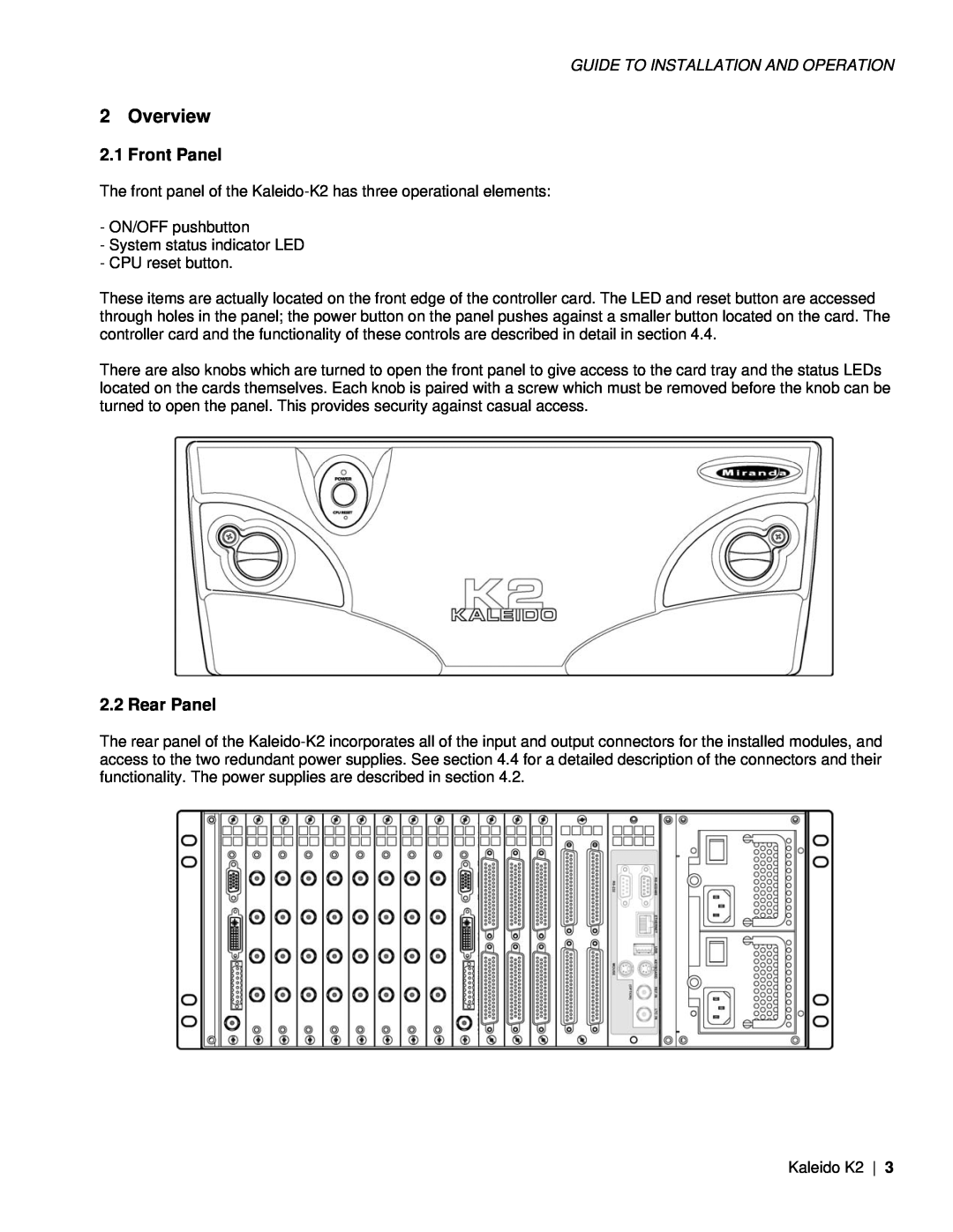 Miranda Camera Co KALEIDO-K2, M406-9900-402 specifications Overview, Front Panel, Rear Panel 
