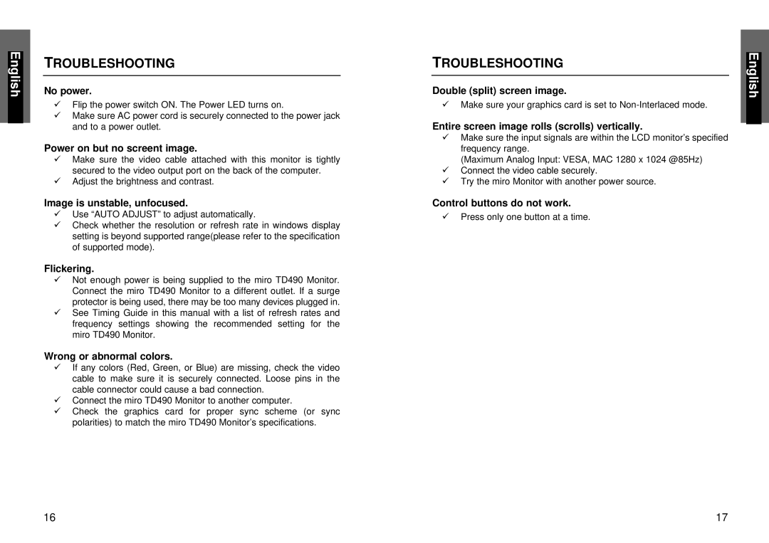 Miro Displays miro TD490 manual Troubleshooting 