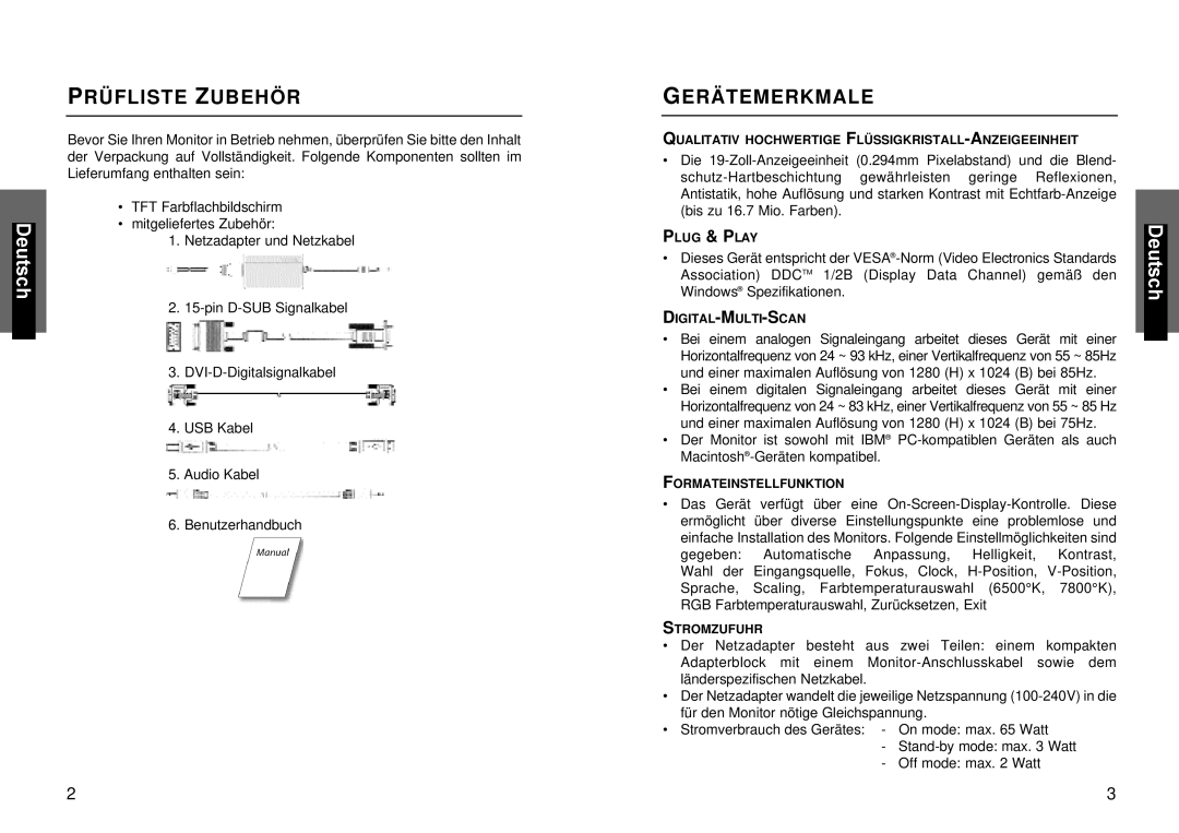 Miro Displays miro TD490 manual Prüfliste Zubehör, Gerätemerkmale 