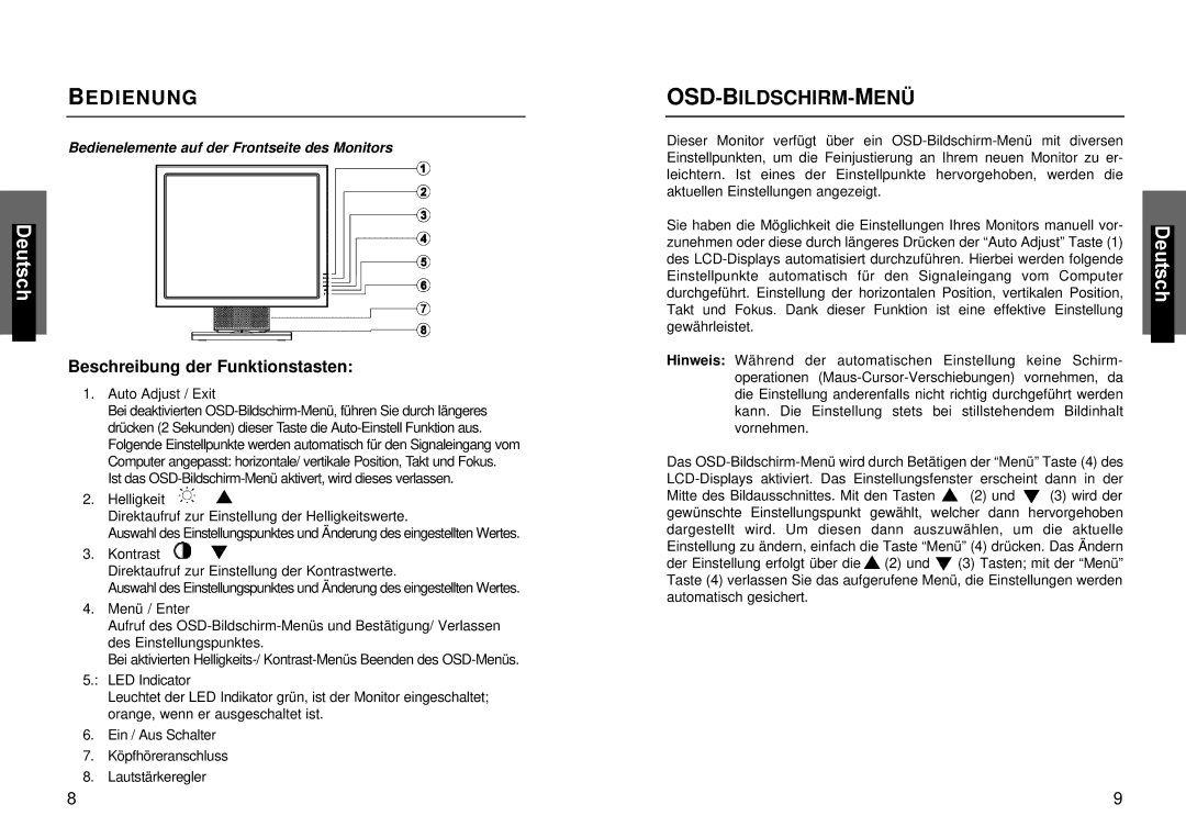 Miro Displays miro TD490 manual Bedienung, Osd-Bildschirm-Menü 