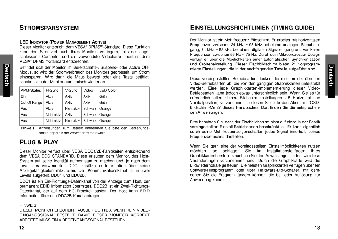 Miro Displays miro TD490 manual Stromsparsystem, Einstellungsrichtlinien Timing Guide 