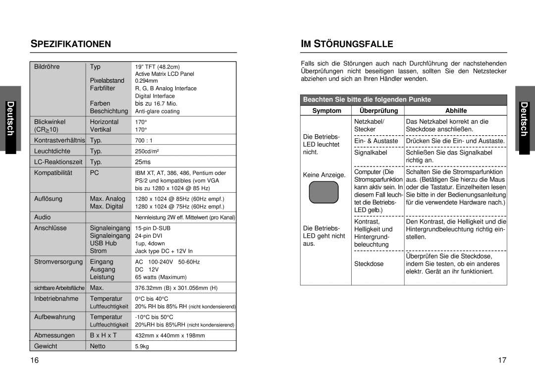 Miro Displays miro TD490 manual Spezifikationen, IM Störungsfalle 