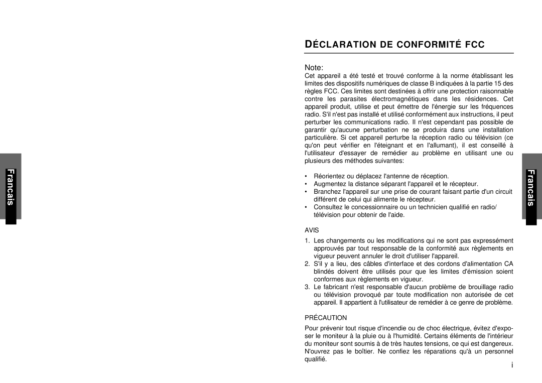 Miro Displays miro TD490 manual Déclaration DE Conformité FCC, Avis 