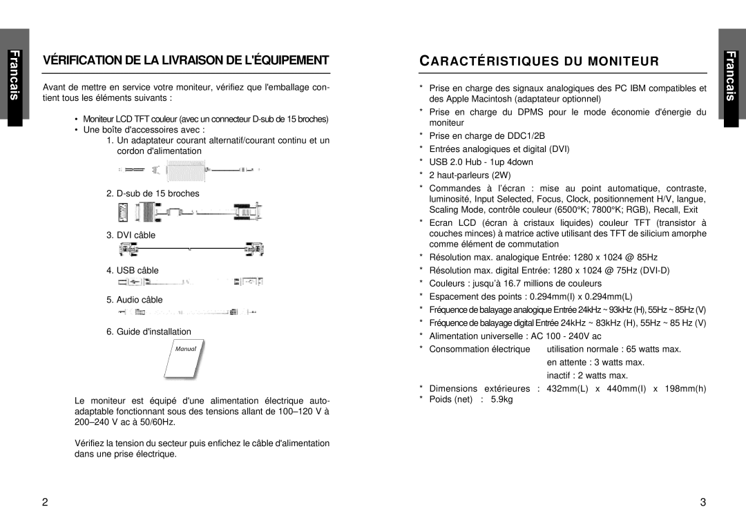 Miro Displays miro TD490 manual Vérification DE LA Livraison DE Léquipement, Caractéristiques DU Moniteur 