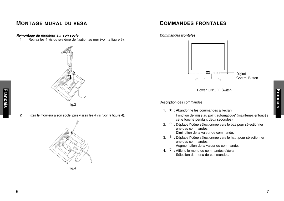 Miro Displays miro TD490 manual Montage Mural DU Vesa Commandes Frontales 