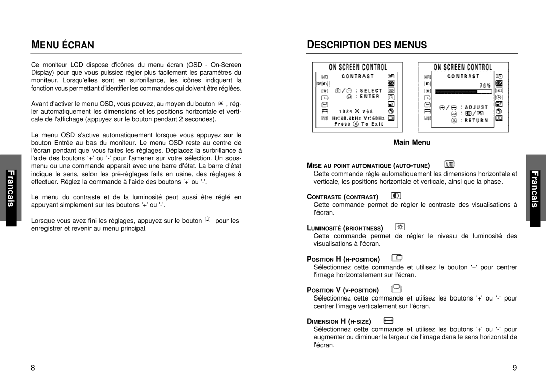 Miro Displays miro TD490 manual Menu Écran, Description DES Menus 