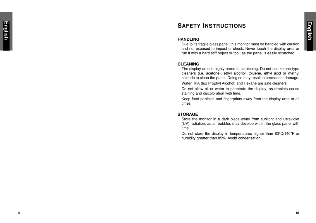 Miro Displays miro TD490 manual Safety Instructions, Handling 