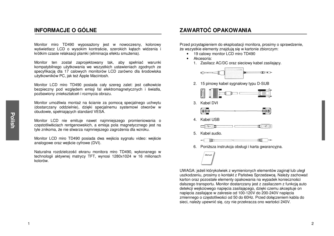 Miro Displays miro TD490 manual Informacjeogólne, Zawartoopakowania 