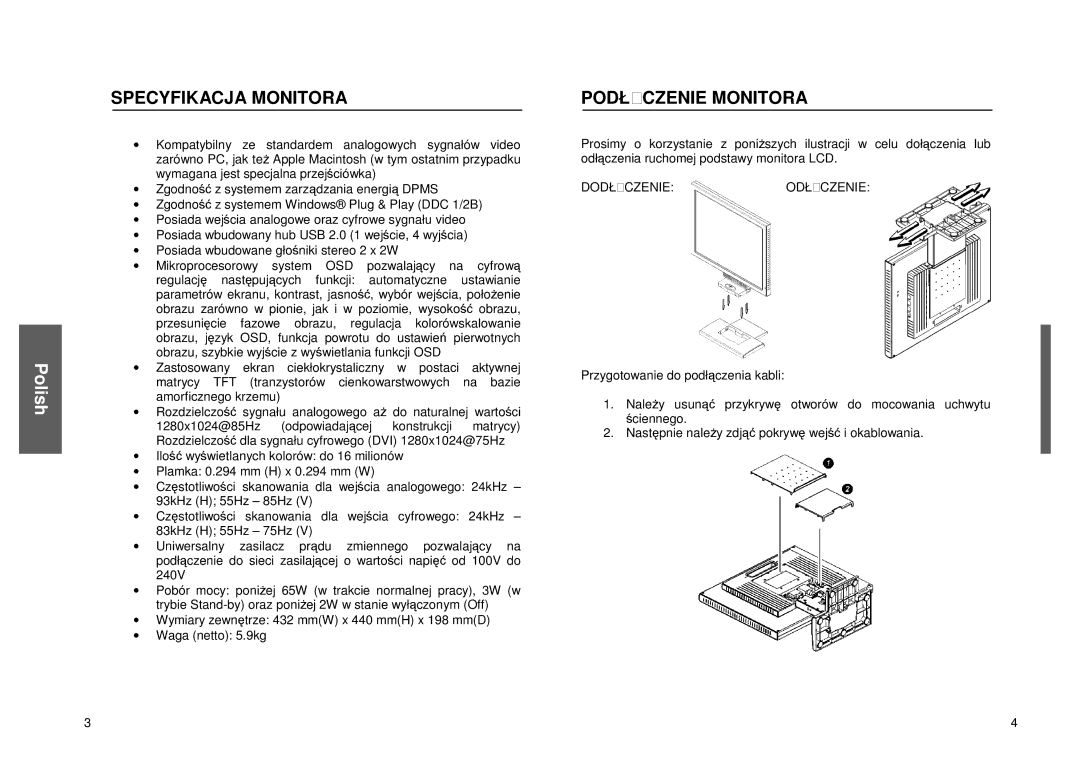 Miro Displays miro TD490 manual Specyfikacjamonitora, Podłczeniemonitora 