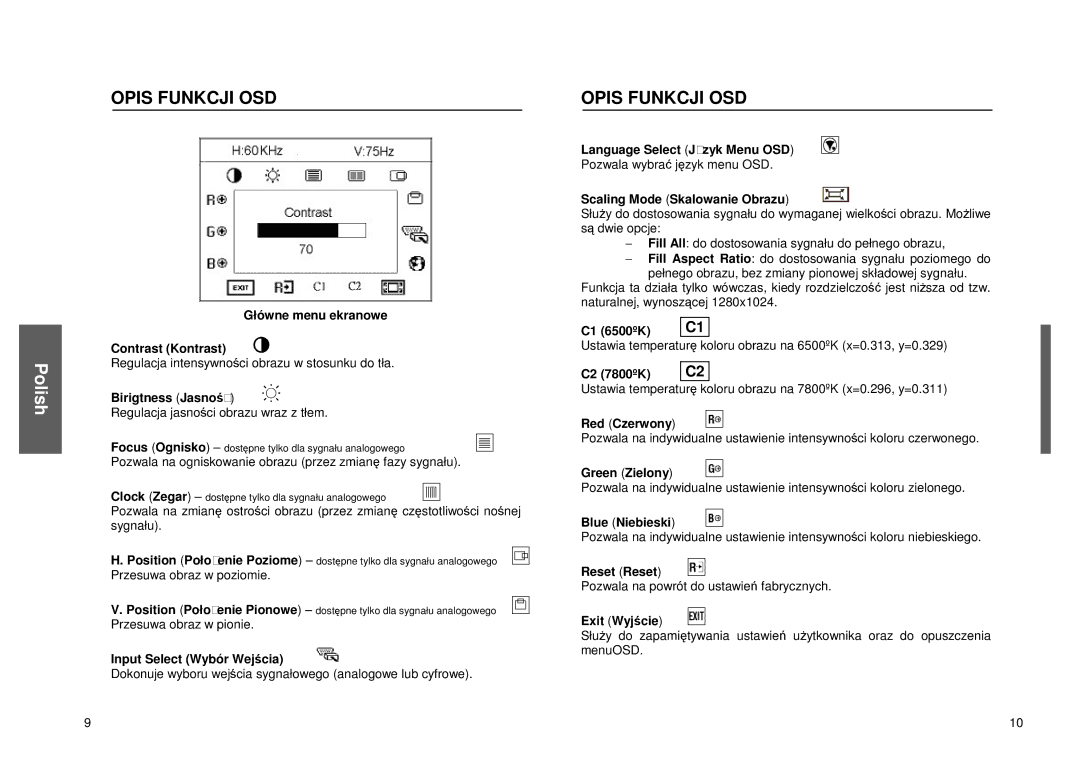 Miro Displays miro TD490 manual Opisfunkcjiosd, ScalingModeSkalowanieObrazu 