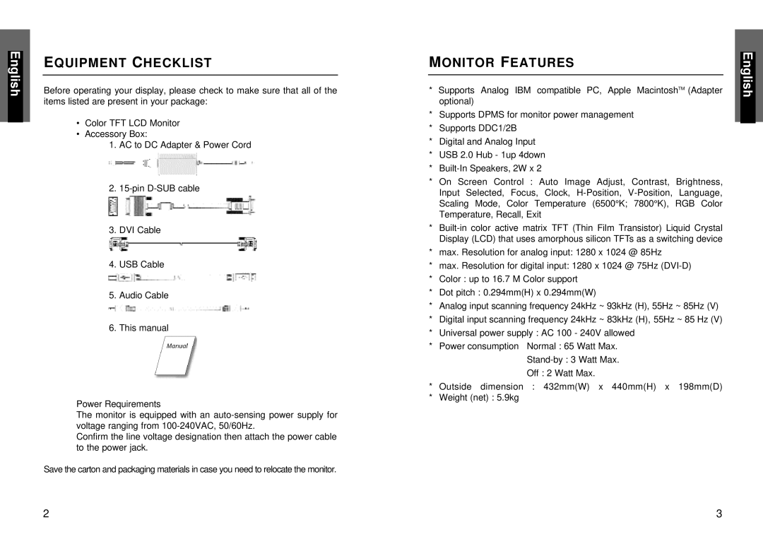 Miro Displays miro TD490 manual Equipment Checklist, Monitor Features 