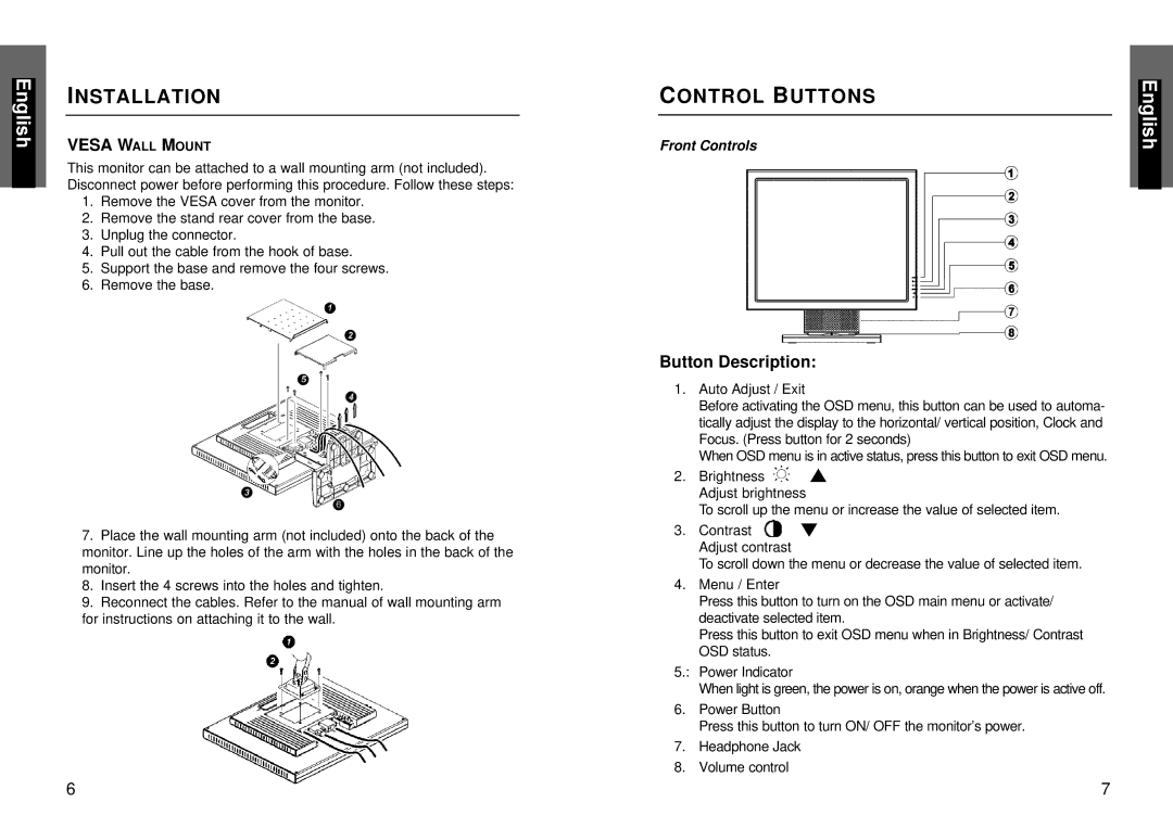 Miro Displays miro TD490 manual Control Buttons, Button Description 