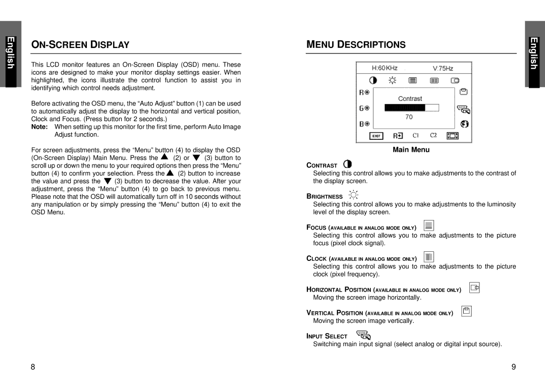 Miro Displays miro TD490 manual ON-SCREEN Display, Menu Descriptions, Main Menu 