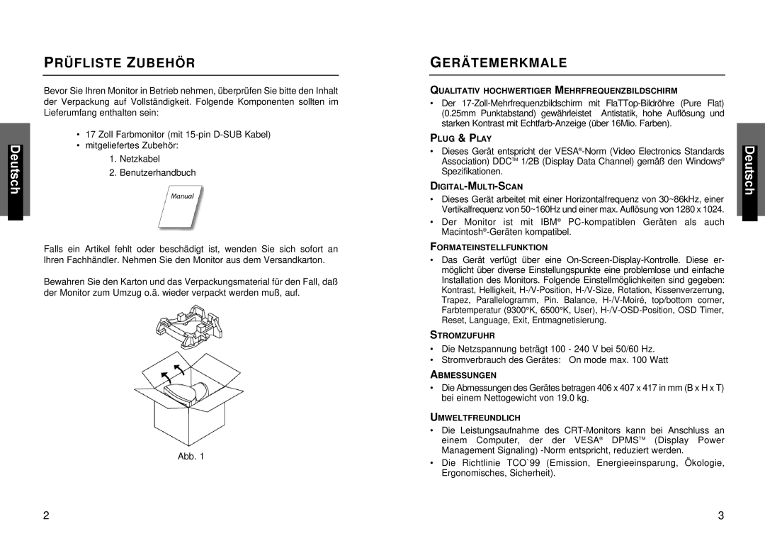 Miro Displays P17F86i manual Prüfliste Zubehör, Gerätemerkmale 