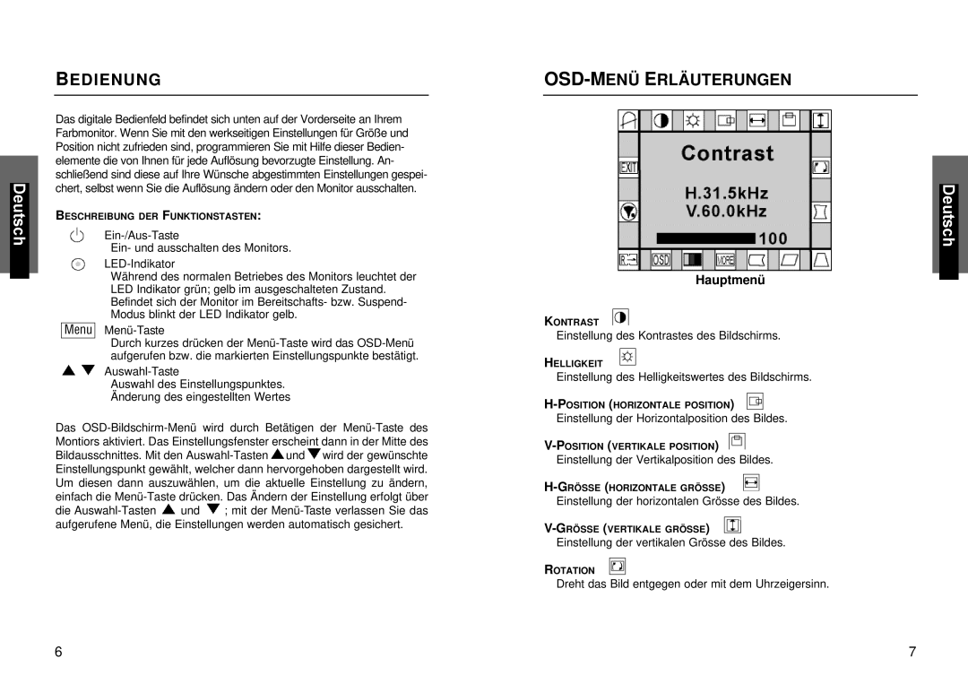 Miro Displays P17F86i manual Bedienung, OSD-MENÜ Erläuterungen 