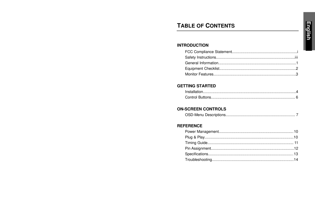 Miro Displays P17F86i manual Table of Contents 