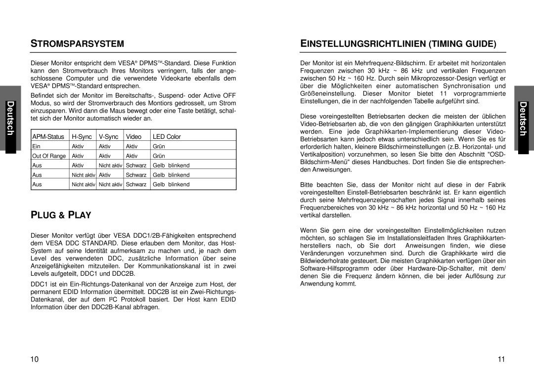 Miro Displays P17F86i manual Stromsparsystem, Einstellungsrichtlinien Timing Guide 