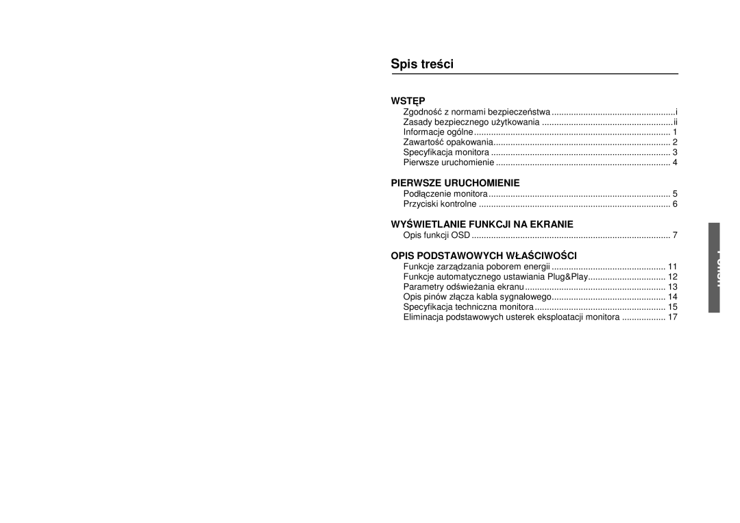 Miro Displays P17F86i manual Spistreci 