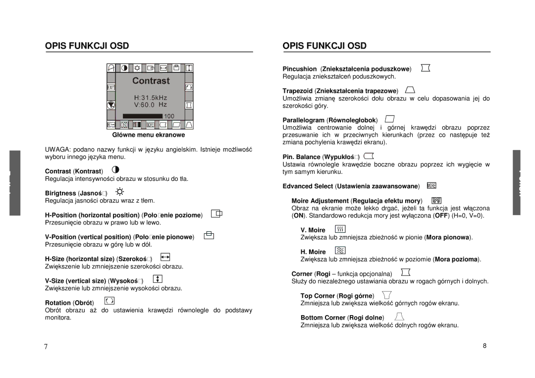 Miro Displays P17F86i manual Opisfunkcjiosd 