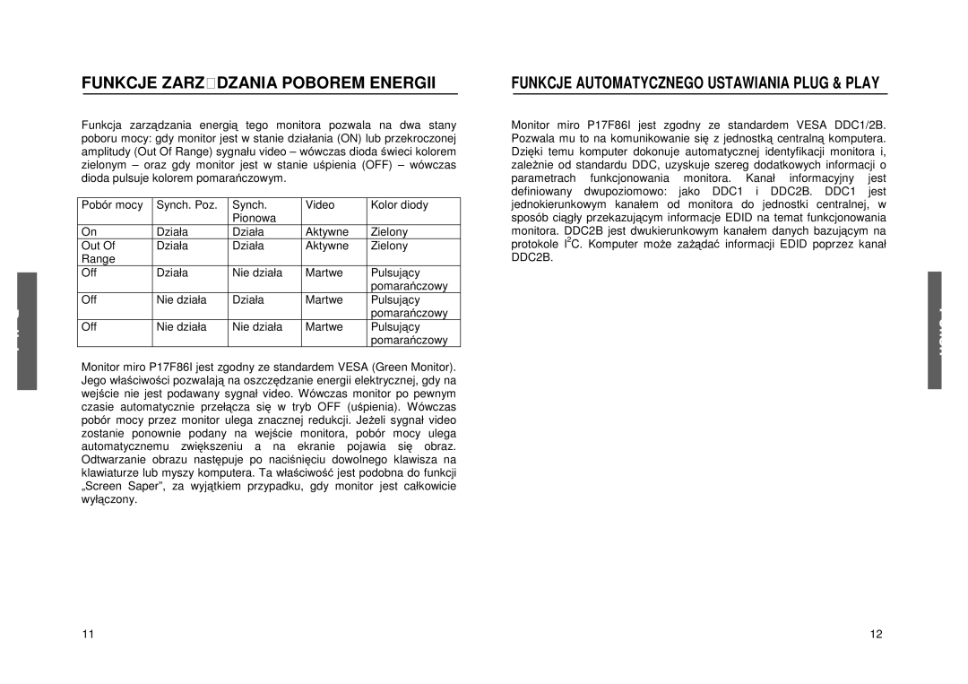 Miro Displays P17F86i manual Funkcjezarzdzaniapoboremenergii, Funkcjeautomatycznegoustawianiaplug&Play 