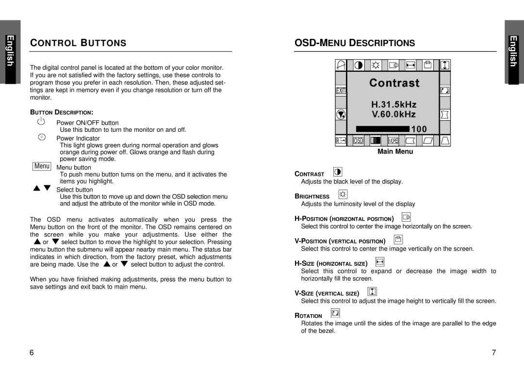 Miro Displays P17F86i manual Control Buttons, OSD-MENU Descriptions 