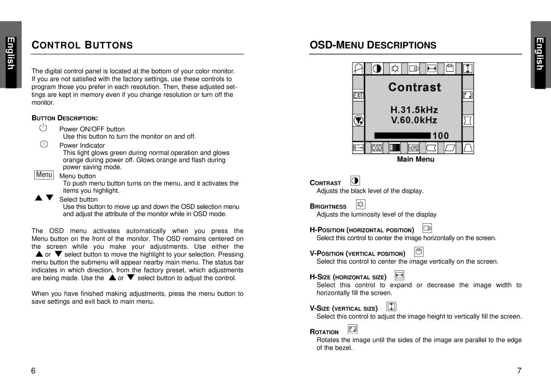 Miro Displays P17F98 manual Control Buttons, OSD-MENU Descriptions 