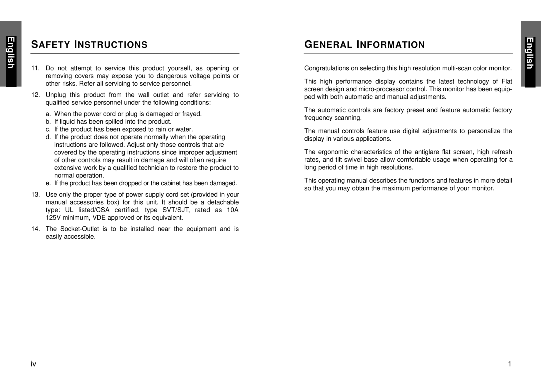 Miro Displays P19F98 manual Safety Instructions, General Information 