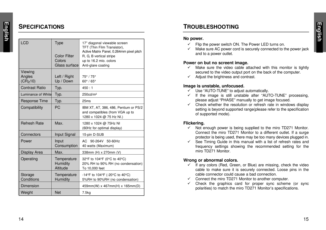 Miro Displays TD271, Monitor manual Specifications, Troubleshooting 