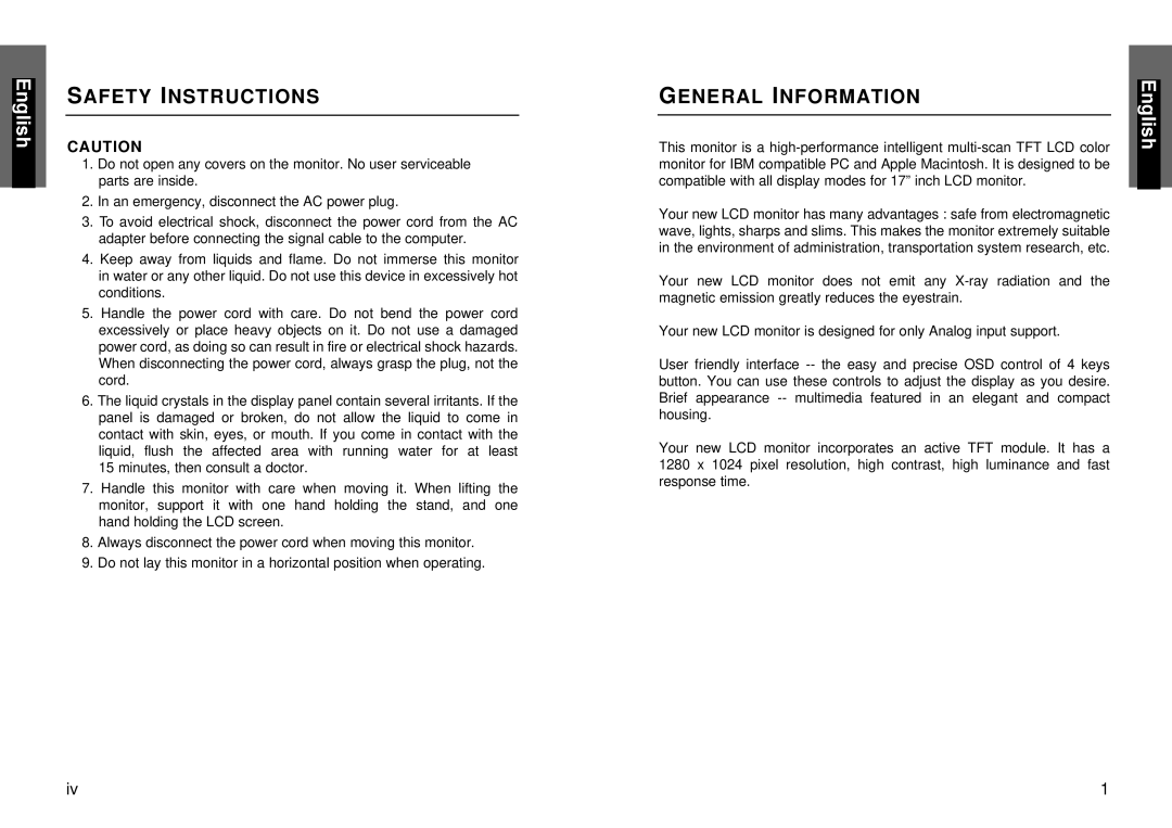 Miro Displays Monitor, TD271 manual General Information 