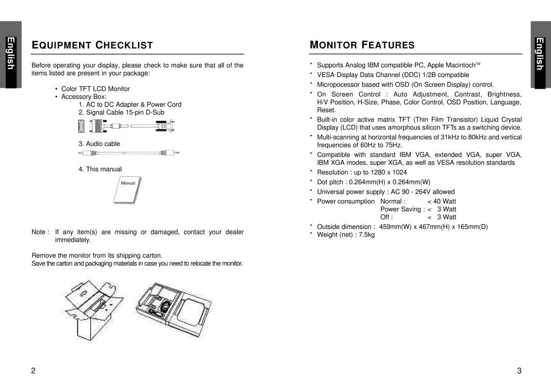 Miro Displays TD271 manual Equipment Checklist, Monitor Features 