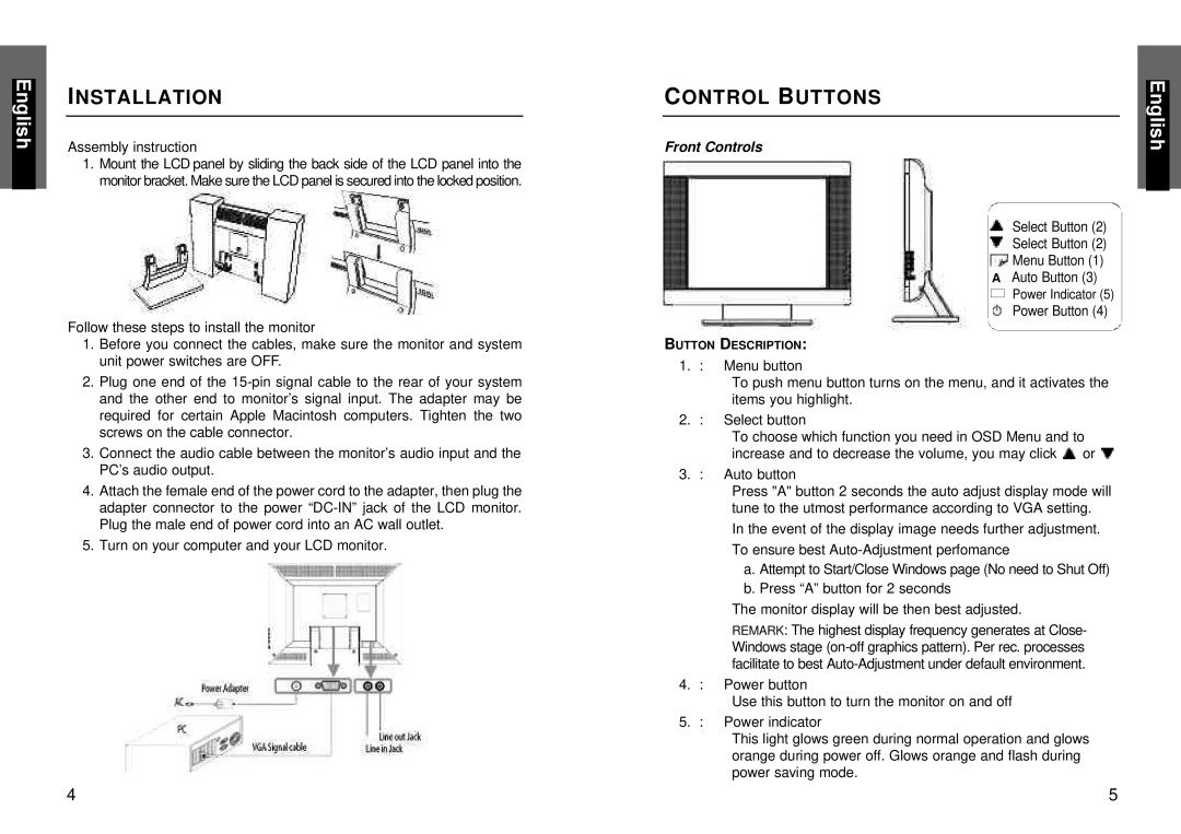 Miro Displays Monitor, TD271 manual Installation, Control Buttons 