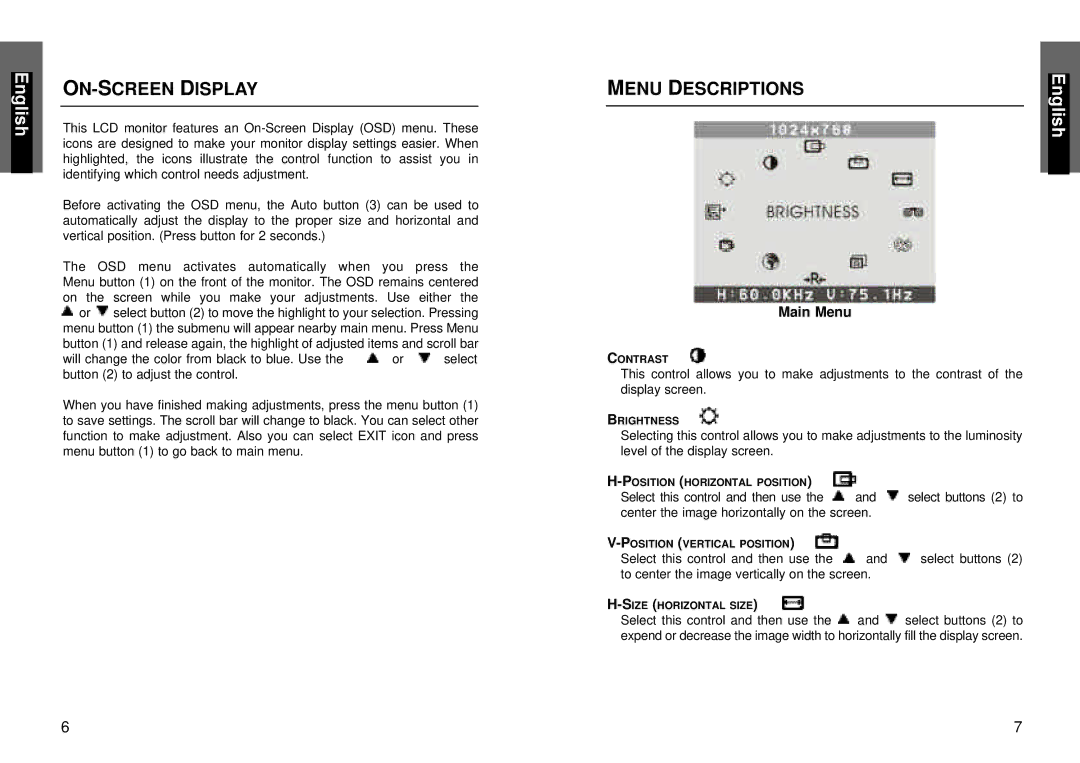 Miro Displays TD271, Monitor manual ON-SCREEN Display, Menu Descriptions 