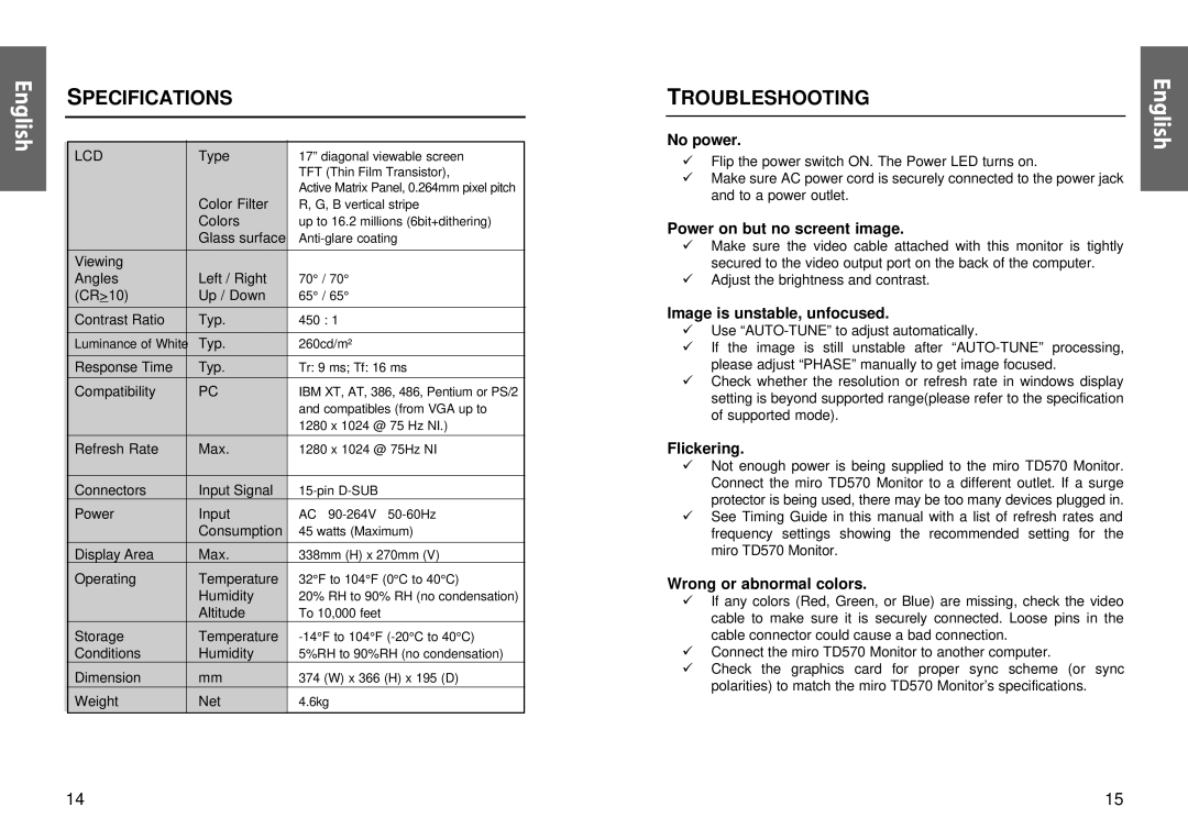 Miro Displays TD570 manual Specifications, Troubleshooting 