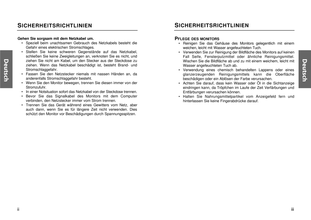 Miro Displays TD570 manual Gehen Sie sorgsam mit dem Netzkabel um, Pflege DES Monitors 