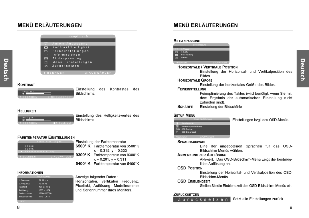 Miro Displays TD570 manual Menü Erläuterungen, Farbtemperatur Einstellungen 