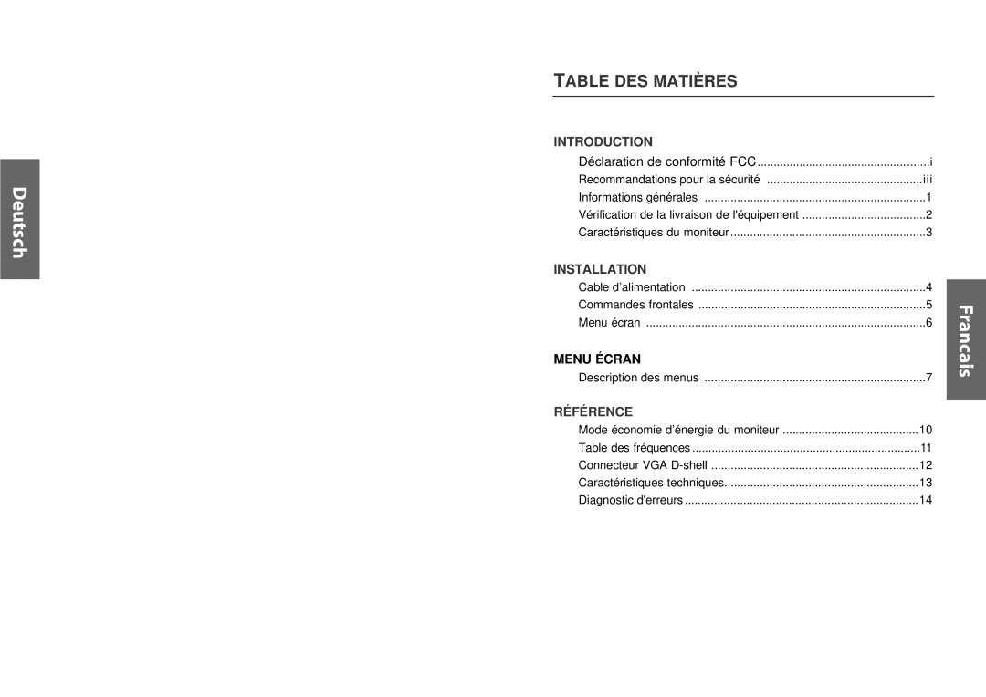 Miro Displays TD570 manual Table DES Matières, Menu Écran 