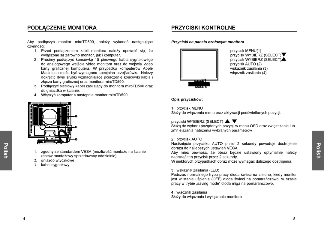 Miro Displays TD570 manual Podłączenie Monitora, Przyciski Kontrolne, Opis przycisków 