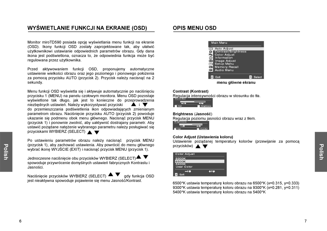 Miro Displays TD570 manual Wyświetlanie Funkcji NA Ekranie OSD, Opis Menu OSD, Menu główne ekranu Contrast Kontrast 